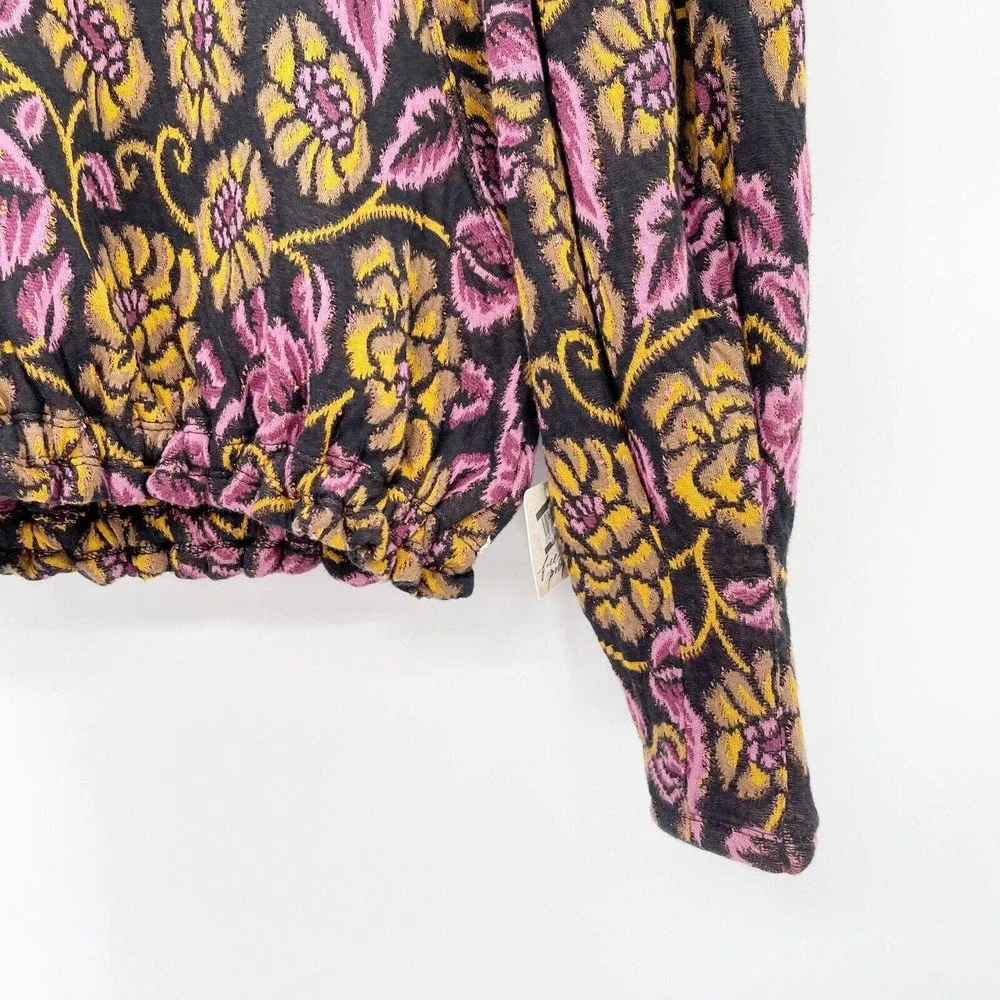 NWT Free People No Ordinary Top Tapestry Crop Blouse Sz XS Purple‎ Tie Puff Slv